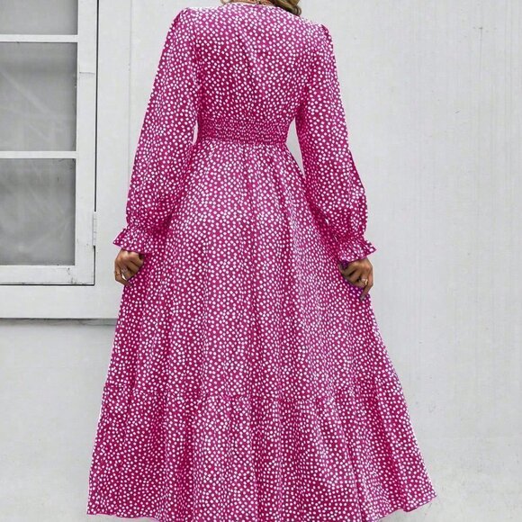 Pink Boho Womens Ditsy Floral Print Flounce Sleeve Shirred Dress - Picture 2 of 5